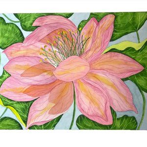 PAINTING WATERCOLOR ORIGINAL ART FLOWER LOTUS PINK CORAL ORANGE 11X14 MAT 16X20